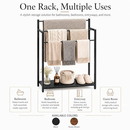 24.8" W Freestanding Towel Rack with Black Wood Shelf | 3 Tier Blanket Ladder Stand for Bathroom Living Room, Metal Frame - color: Black, size: 31.5" H x 24.8" W x7.9 D