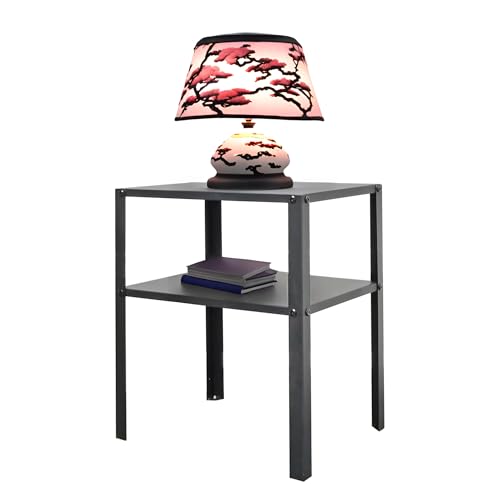 FixtureDisplays Black Metal 2-Tier Nightstand, Side Table, End Table, 14W x 11D x 17" H, Sturdy Riser 50 lbs Capacity