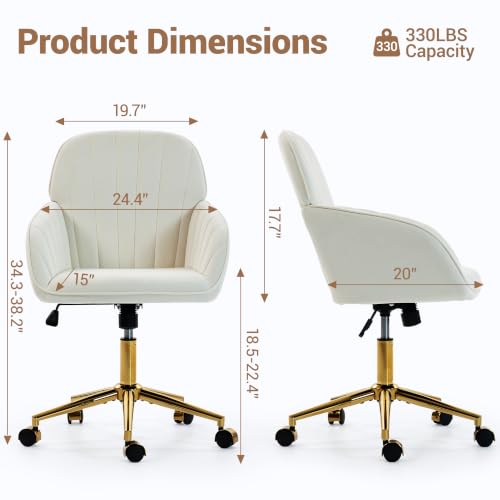 Velvet Make Up Vanity Chair with Wheels and Gold Base 330 Lbs - Beige | Home office Chair, Study Chair, Teacher Chair, Cute Chair, Height Adjustable Swivel Desk Chair, for Living Room Study Room - color: Beige