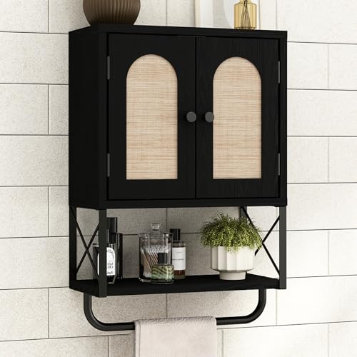 RUSTOWN Rattan Bathroom Wall Cabinet, Boho Over The Toilet Storage Cabinet with Arched Rattan Doors, Modern Medicine Cabinet with Adjustable Shelves & Towel Bar (Black, Small) - color: Black, size: Small