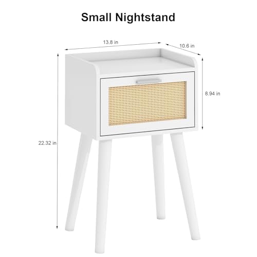 LAATOOREE Nightstand Set of 2, Small White Bedside Table, End Table with Rattan Door, Boho Side Table with Solid Wood Legs for Bedroom Living Room Small Space - color: White, style: Boho Style