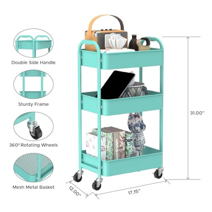 MAX Houser 3-Tier Rolling Utility Cart with Caster Wheels,Easy Assembly, for Kitchen, Bathroom (Turquoise) - color: Turquoise, size: 3-Tier Standard Cart