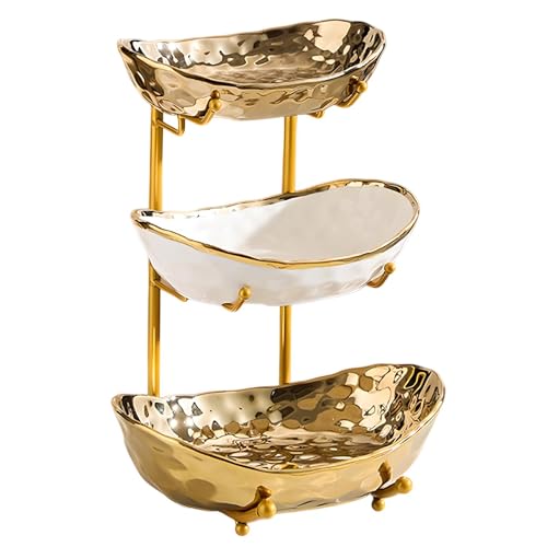 YYW 3 Tier Fruit Bowl for Kitchen Counter, White Gold Silver Ceramic Fruit Stand for Countertop, Home Fruit Rack with Metal Holder, Vegetable Snacks Nuts Bread Candy Storage (Gold (Gold Holder)) - color: Gold (Gold Holder)