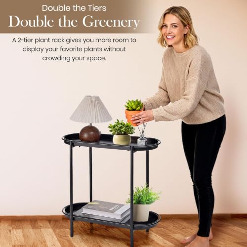 Large Metal 2-Tier Multi-Purpose Stand – Sleek Black Indoor/Outdoor Oval Shelving Unit; Modern Storage Rack for Home Decor, Books, Bathroom Essentials, or Plants