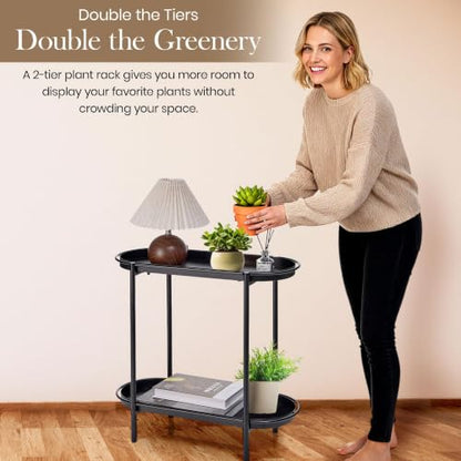 Large Metal 2-Tier Multi-Purpose Stand – Sleek Black Indoor/Outdoor Oval Shelving Unit; Modern Storage Rack for Home Decor, Books, Bathroom Essentials, or Plants