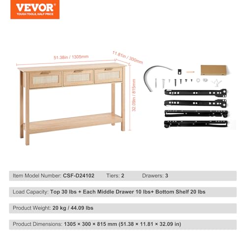 VEVOR Rattan Console Table with 3 Storage Drawers, Rattan Entryway Table with Natural Rattan Sliding Door, Console Sofa Table for Living Room, Study, Entryway Or TV Wall, Natural - size: 3 Drawers