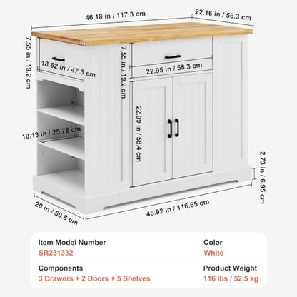 VEVOR 46" Wood Top Breakfast Bar with Storage Cabinet, Farmhouse Kitchen Table with Adjustable Shelf, Drawer, for Dining Kitchen Living Room, White - size: 46"W