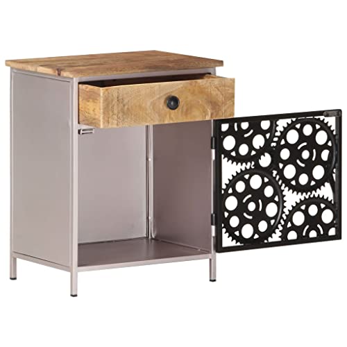 Industrial Bedside Cabinet, Rough Mango Wood with Natural Finish, Silver Iron Frame, 11.8x15.7x19.7 Inches, Storage Drawer & Door, Unique Bicycle Chain Wheel Design