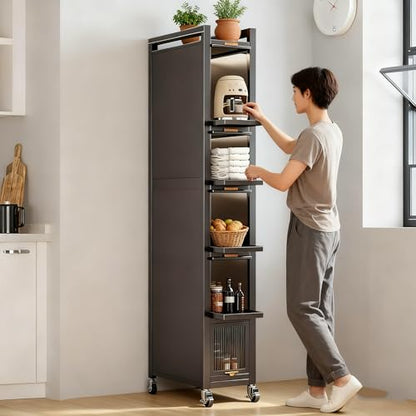 Rolling Spice Rack Next to Fridge Slim, Freestanding Narrow Tall Sideboard Shelf, with Transparent Flap Door Design, Pull Out Cabinet Organizer for Small Space Kitchen Space Saving (Grey, 6T-16cm) - size: 6T-16cm
