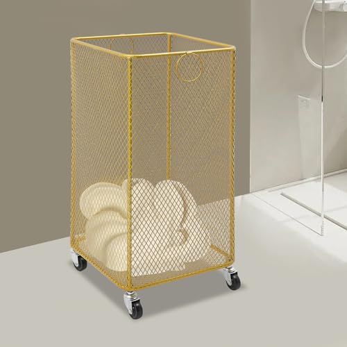 Metal Laundry Basket Cart, Rolling Laundry Hamper with Wheels, Freestanding Square Mobile Storage Cart, Raised Bottom, Round Handles, Hollow Mesh (Gold, 11.8x11.8x21.7in) - color: Gold, size: 11.8x11.8x21.7in