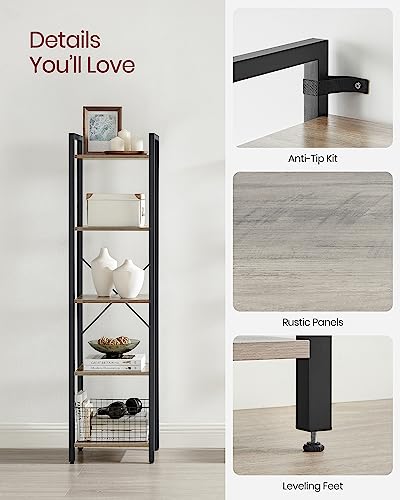 VASAGLE 5-Tier Bookshelf, Bookcase with Steel Frame, Book Shelf for Living Room, Home Office, Study, 11.8 x 15.7 x 60.2 Inches, Industrial Style, Heather Greige and Ink Black ULLS100B02 - color: Heather Greige + Ink Black, size: 5 Tiers (11.8"D x 15.7"W x