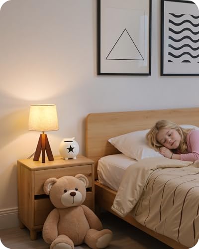 Tripod Table Lamp, 14.6 Inch Small Bedside Lamp with Beige Linen Shade, Modern Nightstand Lamp for Bedroom, Kids Room, Living Room, Nursery, Office, E26 Socket, Dark Wood Base, LE51TL05 - color: Beige+Pearwood
