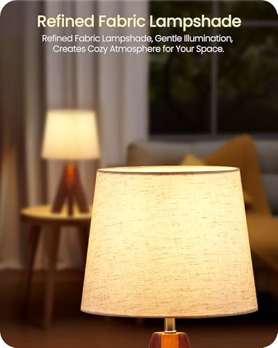Tripod Table Lamp, 14.6 Inch Small Bedside Lamp with Beige Linen Shade, Modern Nightstand Lamp for Bedroom, Kids Room, Living Room, Nursery, Office, E26 Socket, Dark Wood Base, LE51TL05 - color: Beige+Pearwood