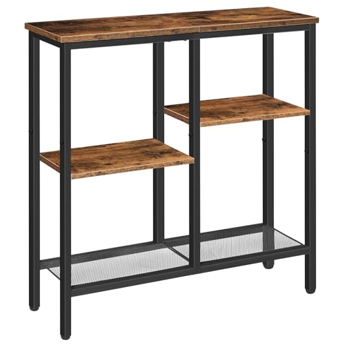 HOOBRO Narrow Console Table, Sofa Table, 4-Tier Industrial Entryway Table with Metal Mesh Shelf, Hallway Table with Adjustable Feet, for Entryway, Living Room, Hallway, Rustic Brown and Black BF79XG01 - color: Rustic Brown + Black