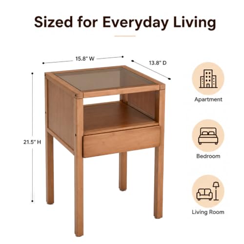 Bamboo Nightstand Small Bedside Tables with Drawer, Tea | Tempered Glass Top, Open Shelf, Mid Century Modern Night Stand for Bedroom, Living Room, Apartment, Small Space - color: Tea Color Glass