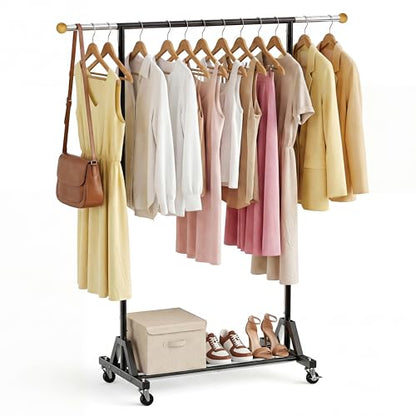 Rolling Garment Rack - Retractable Clothes Rack with Hanging Rods, Lockable Wheels and Bottom Storage Shelf - Sturdy Coat Rack, Freestanding Clothing Organizer for Bedroom, Laundry & Closet - color: 1-tier (56.7 H")