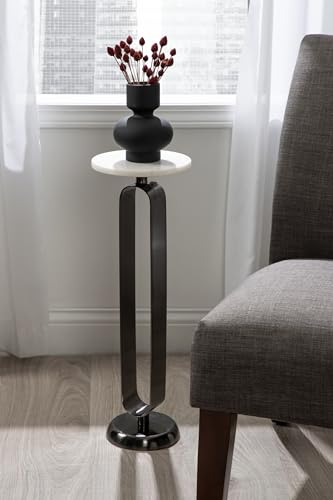 Kate and Laurel Helio Modern Round Drink Table; 8 x 8 x 24; White and Gray Gunmetal; Natural Marble Cocktail Table for Small Spaces and Use as Small Plant Stand or Nightstand