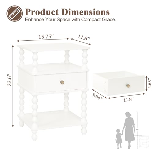 AWASEN White Nightstand, Bed Side Table Bedroom with Drawer, 3-Tier Small Night Stand End Table with Storage for Small Spaces &Solid Wood Spindle Legs, White - color: White