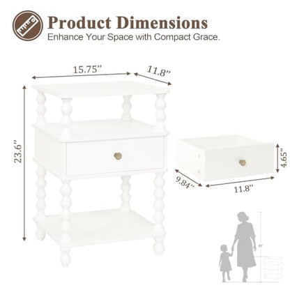 AWASEN White Nightstand, Bed Side Table Bedroom with Drawer, 3-Tier Small Night Stand End Table with Storage for Small Spaces &Solid Wood Spindle Legs, White - color: White