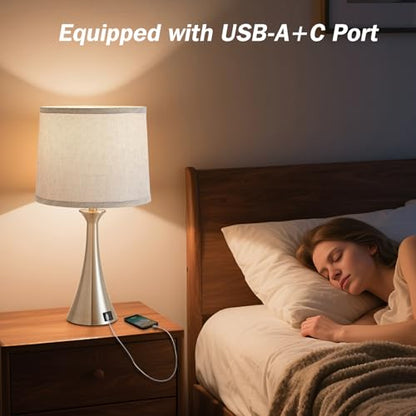 Touch Lamp for Living Room Bedroom, 21" Table Lamps Set of 2 with USB C+A Ports and Grey Lamp Shades, Touch Bedside Lamps for Nightstand with 3 Way Dimmable, 2 LED Bulbs Included, Silver - color: Silver 2pcs