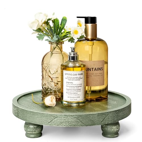 EOSAHR Farmhouse Pine Wood Riser for Home Decor – Round Pedestal Stand for Coffee Table & Kitchen Sink – Stylish Display Stand for Dish Soap Dispenser, Candles, Plants and Cupcakes (Green) - color: Green
