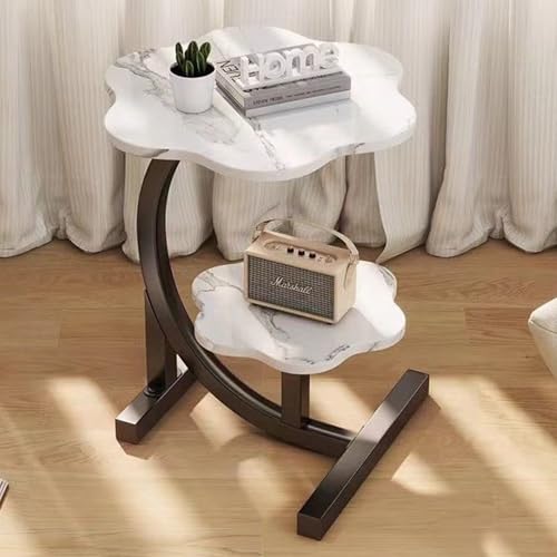 2 Layers Flower Shape Marble Texture Small C-Shaped SideTable,Snack Side Table, End Table for Sofa Side Table,Bedside Table for Living Room Kitchen Garden Bedroom - color: White+black