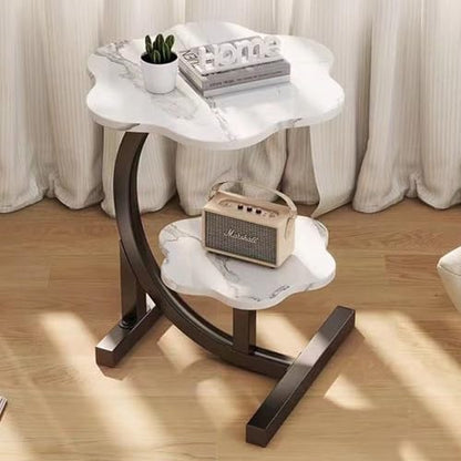 2 Layers Flower Shape Marble Texture Small C-Shaped SideTable,Snack Side Table, End Table for Sofa Side Table,Bedside Table for Living Room Kitchen Garden Bedroom - color: White+black