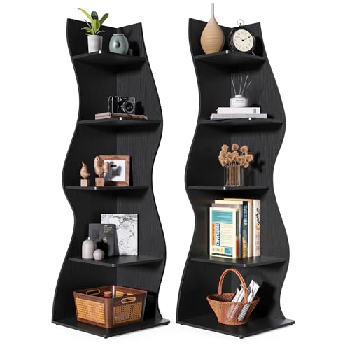 LITTLE TREE Small Corner Shelf, Modern 5-Tier Wall Corner Bookshelf, Stylish Bookcase Storage Rack for Small Space, Living Room, Bedroom, Black, 2 Pack - color: Black, size: 2 Pack
