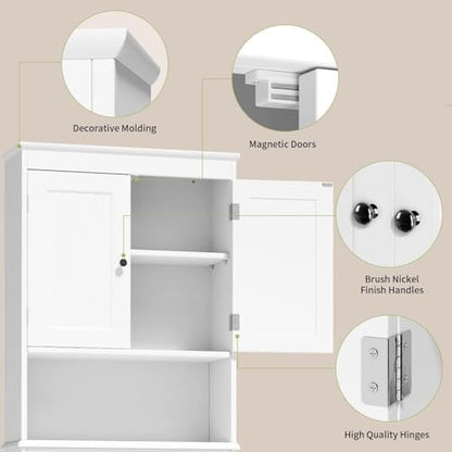 Gizoon Over the Toilet Storage Cabinet with Adjustable Shelf, White | Bathroom Space Saver Organizer Above Toilet with Open Shelf and Double Doors, Taller Wooden Free Standing Toilet Rack - color: White
