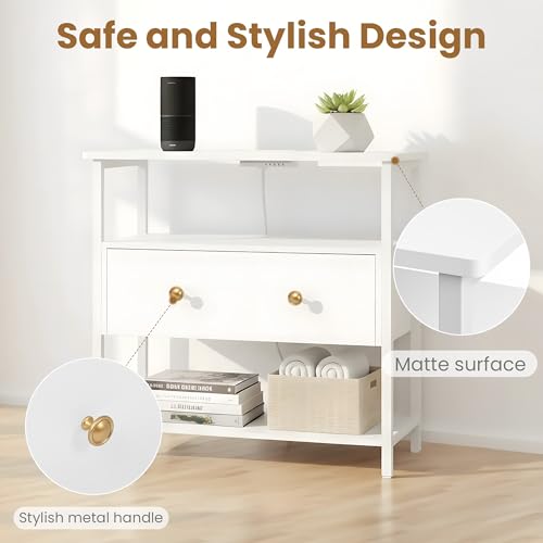 Edbuosy 27 Inch Wide Night Stand with Charging Station, Wood Nightstand with Open Shelf, Large Drawer Bedside Table for Living Room/Bedroom/Office, White - color: White, size: 27"W-1 Drawer