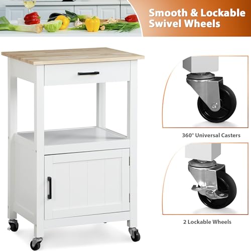 Nova Microdermabrasion Kitchen Island Cart on Wheels, Rolling Kitchen Cart with Single Door Cabinet, Mobile Small Coffee Cart Microwave Oven Cart Serving Cart for Dining Room, White