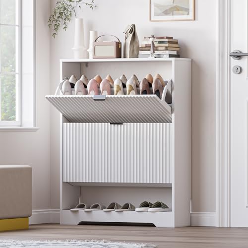 BORNOON Shoe Cabinet with 2 Flip Drawers, Fluted Shoe Storage Cabinet with Adjustable Shelves, Freestanding Rack and Organizer for Entryway, Closet, Hallway - color: White, size: 2-Drawer