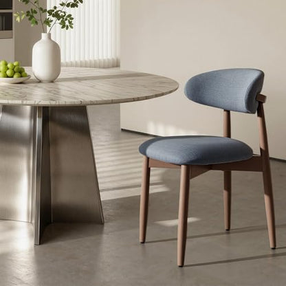COLAMY Mid-Century Modern Wooden Dining Chair Set of 2, Indoor Upholstered Kitchen Chairs with 2.6" Cozy Padded Seat, Walnut Finish Side Dining Chair, [Blue] - color: Blue, size: 2 Chairs