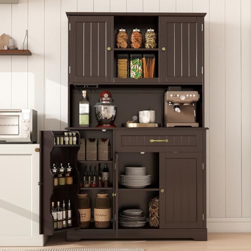 Gizoon Kitchen Hutch Cabinet Kitchen Hutch Storage Cabinet Tall Pantry Coffee Bar with Storage for Dining Room and Craft Room, Painted Dark Brown - color: Dark Brown
