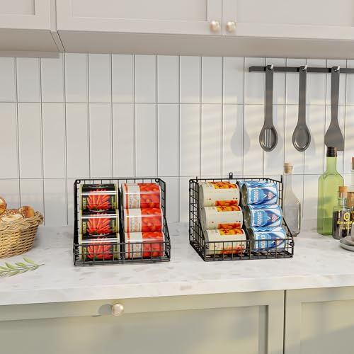 Stackable Can Organizer for Pantry with 2 Adjustable Dividers, Soda Can Organizer, Can Storage Dispenser Holds up to 28 Cans, 2 tier Metal Wire Baskets Can Holder for Kitchen Cabinet Pantry, Black - size: S-(2 pack)