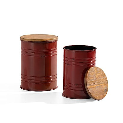 Glitzhome Rustic End Table Set of 2, Farmhouse Galvanized Metal Barrel Ottoman Storage Stool with Round Wood Lid for Living Room Furniture, Red - color: Red
