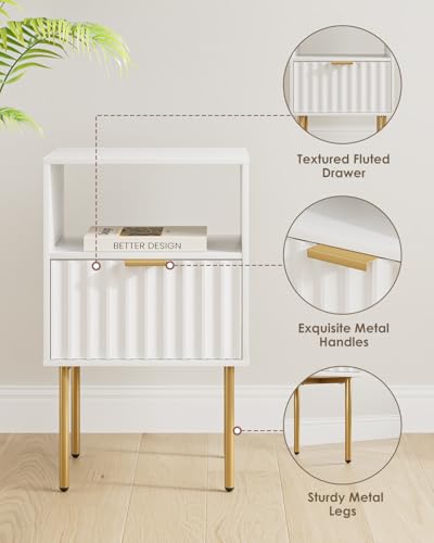 Nightstand,Modern Bedside Table with Gold Frame,White Night Stand,Bedside Furniture, Modern Side Table with Drawer and Shelf for Bedroom,Living Room (White) - color: White