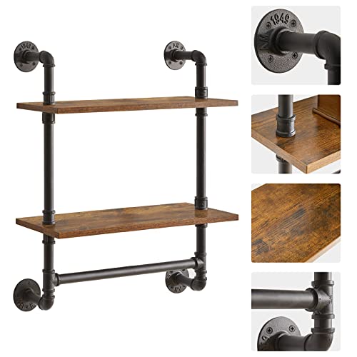 IBUYKE 2-Tiers Industrial Pipe Shelves with Towel Bar RF-TM014 | Rustic Wall Mount Bookcase,Metal Bracket Storage Wall Shelf for Bedroom, Kitchen - size: 2 Tier with Tower Bar