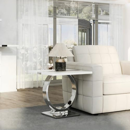 Asday 23.6" White and Silver End Tables Set of 2, Modern Side Tables with Glossy Wooden Top and Stainless Steel U-Shaped Base, Accent Tables for Living Room, Bedroom, Lounge - color: White and Silver, size: Set of 2