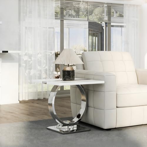 Asday 23.6" White and Silver End Table, Modern Side Table with Glossy Wooden Top and Stainless Steel U-Shaped Base, Accent Table for Living Room, Bedroom, Lounge - color: White and Silver, size: Set of 1