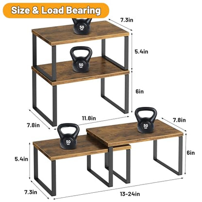 Kitchen Cabinet Organizer Shelf Set of 4, Sturdy Kitchen Counter Shelves with Metal Legs, Stackable Expandable Wood Spice Rack Pantry Cupboard Dish Mug Cup Storage Organizer Shelf, Rustic Brown - color: Rustic Brown