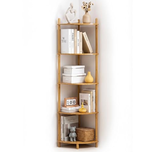 5-Tier Expandable Bamboo Corner Shelf Stand,Corner Bookshelf, Display Storage Shelves with Open Shelves, for Organization and Storage, Living Room, Home Office, Garage (1, Natural, 5-Tier) - color: Natural 5-tier
