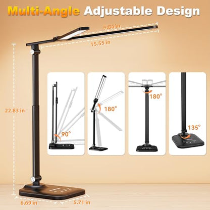 CHARYJOD LED Desk Lamp for Office Home, Height Adjustable Architect Desk Light with USB Adapter, Stepless Dimming Desk Lamp Light for Reading, Study, Workbench - color: Black