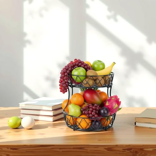 2 Tier Fruit Basket for Kitchen Counter, Metal Wire Fruit Bowl Stand with Banana Holder, Corner Fruit Basket, Stackable Produce Baske Countertop Storage, Copper Finish (black)