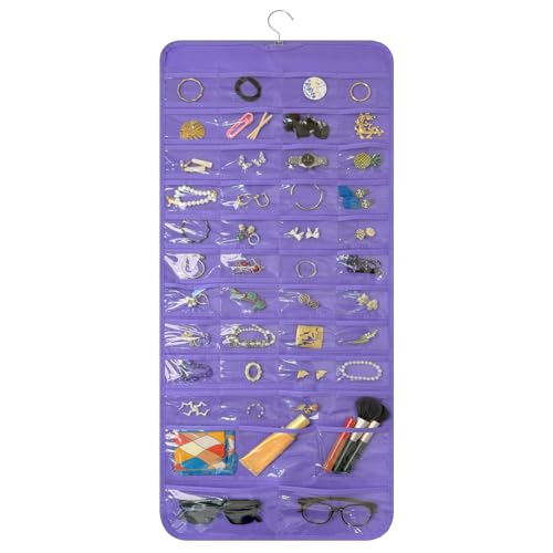 Bloss Hanging Jewelry Organizer With 90 Pockets,Earring Holder Organizer Storage For Valentine's Day Gift,Double-Sided Jewelry Holder for Earrings, Necklaces, Rings on Closet,Wall,Door(Purple) - color: Purple-L