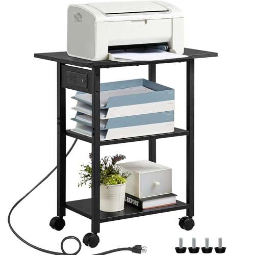 Lerliuo 3-Tier Printer Stand with Charging Station, Rolling Printer Table | Black Industrial Mobile Printer Cart Desk Holder for Home Office, Lockable Wheels, Open Storage Shelf, Metal frame - color: Black, size: 3-Tier with Charger