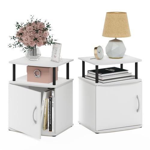 Furinno Jaya Side Table Set of 2, 2-Tier Open Shelf End Table with Door Cabinet, Soft-Edges Night Stand, Bedside Table, for Living Room, Bedroom, White - color: White/Black, size: 2-Pack