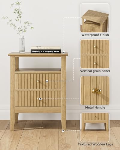 Fluted Nightstand, Farmhouse Night Stand with 2 Drawers, Mid Century Modern Side Accent Table,Bedside End Table for Bedroom, Living Room, Yellow Oak - color: Oak, size: 2 Drawers