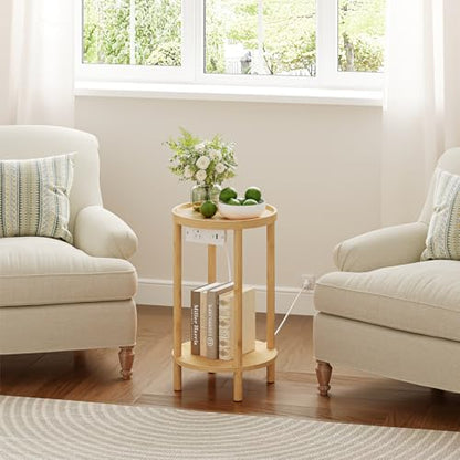 HOOBRO Set of 2 Small Round Side Tables with Charging Station, 2-Tier Round Bamboo End Tables, Easy Assembly, for Living Room, Bedroom, Apartment, Natural YL156UBZP201 - color: Natural
