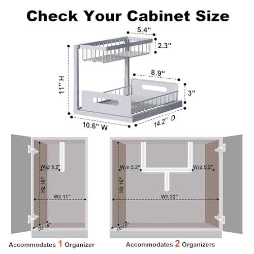 REALINN Under Sink Organizer, Pull Out Cabinet Organizer 2 Tier Slide Out Sink Shelf Cabinet Storage Shelves, Storage for Kitchen Bathroom, Grey, 2 Pack | For Kitchen and Bathroom, Slide Out Under Cabinet Storage, Metal Under Sink Storage with Sliding Dra